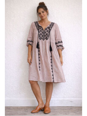Roller Rabbit Embroidered Boho Tunic Dress XL Red Stripe Tassel India Cotton #FF